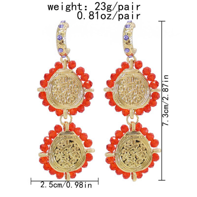 E-6209 Fashion Luxury Style Simple Design Earring Round Alloy Flowers Plated Rhinestone Red Purple Long Tassel Drop Earrings