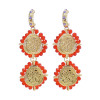 E-6209 Fashion Luxury Style Simple Design Earring Round Alloy Flowers Plated Rhinestone Red Purple Long Tassel Drop Earrings