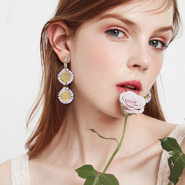 E-6209 Fashion Luxury Style Simple Design Earring Round Alloy Flowers Plated Rhinestone Red Purple Long Tassel Drop Earrings