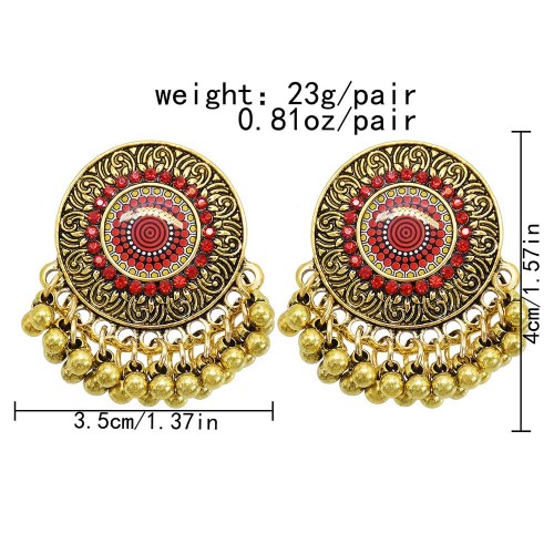 E-6214 Metal Carved Rhinestone Gold Color Round Tassel Drop Earrings For Women Vintage Indian Bridal Jewelry