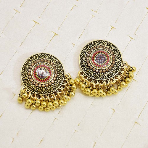 E-6214 Metal Carved Rhinestone Gold Color Round Tassel Drop Earrings For Women Vintage Indian Bridal Jewelry