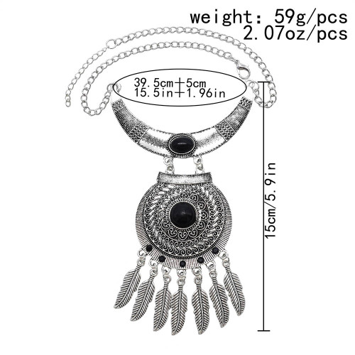 N-7590 Bohemian Gypsy Vintage Jewelry Green Black Artificial Acrylic Stone Feather Tassel Round Silver Vintage Statement Necklace