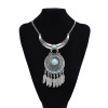 N-7590 Bohemian Gypsy Vintage Jewelry Green Black Artificial Acrylic Stone Feather Tassel Round Silver Vintage Statement Necklace