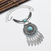 N-7590 Bohemian Gypsy Vintage Jewelry Green Black Artificial Acrylic Stone Feather Tassel Round Silver Vintage Statement Necklace
