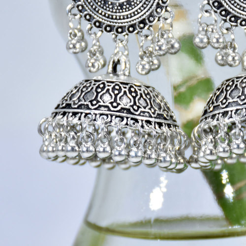 E-6221 Classic Women Indian Jhumka Gypsy Jewelry Sliver Boho Earrings Vintage Ethnic Hollow Tassel Bell Earrings For Women