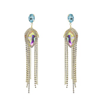 E-6222 Bling Crystal Rhinestone Long Tassel Hanging Drop Earrings for Women Bridal Wedding Party Jewelry Gift