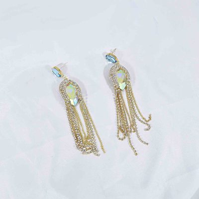 E-6222 Bling Crystal Rhinestone Long Tassel Hanging Drop Earrings for Women Bridal Wedding Party Jewelry Gift