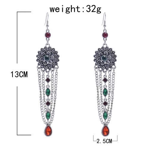 E-6229 Vintage Metal Rhinestone Beads Flowers Tassel Drop Dangle Earrings for Women Boho Indian Style Party Jewelry