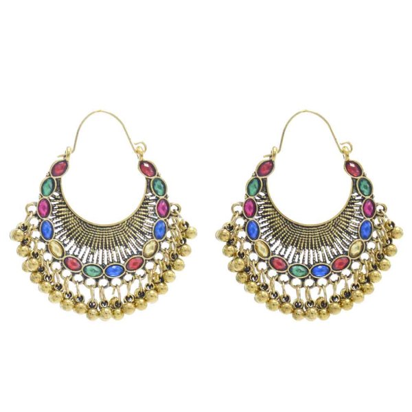 E-6230 Indian Gold Metal Crystal Bells Tassel Drop Jhumka Earrings for Women Boho Party Jewelry Gift