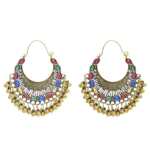 E-6230   Indian Gold Metal Crystal Bells Tassel Drop Jhumka  Earrings for Women Boho Party Jewelry Gift