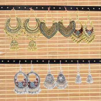 E-6238 Vintage Gold Sliver Indian Bells Tassel Jhumka Drop Earrings for Women Boho Ethnic Festival Party Jewelry Gift Set