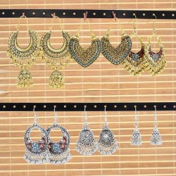 E-6238 Vintage Gold Sliver Indian Bells Tassel Jhumka Drop Earrings for Women Boho Ethnic Festival Party Jewelry Gift Set