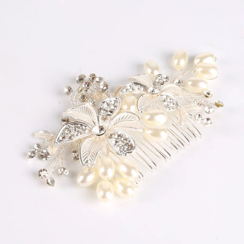 F-0916 Silver rose gold flower crystal pearl comb hand-woven shiny bridal hair accessory