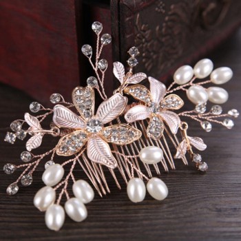 F-0916 Silver rose gold flower crystal pearl comb hand-woven shiny bridal hair accessory