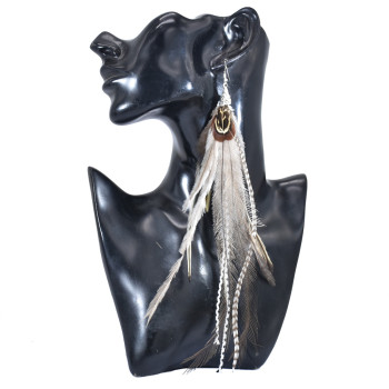 E-6244 Bohemian Ethnic Style Zebra Pattern Pure Natural Feather Long Earrings Fashion Geometric Rice Bead Chain Feather Tassel Earrings