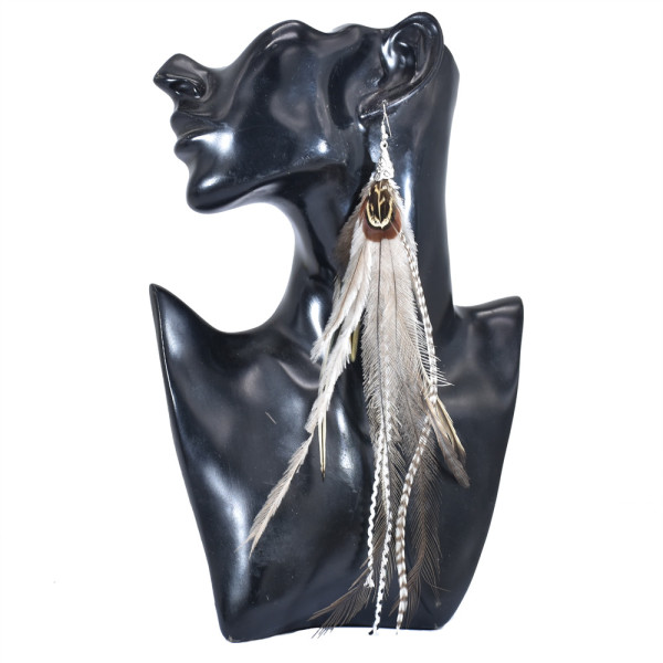 E-6244 Bohemian Ethnic Style Zebra Pattern Pure Natural Feather Long Earrings Fashion Geometric Rice Bead Chain Feather Tassel Earrings