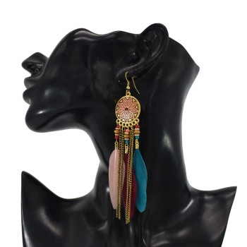 E-6245 Bohemian Style Ethnic Natural Feather Long Earrings Fashion Feather Tassel Earrings Geometric Beads Chain