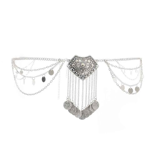 N-7595 Vintage Silver Metal Sequins Coin Tassel Women Belly Dance Dress Belt Waist Body Chain Party Jewelry