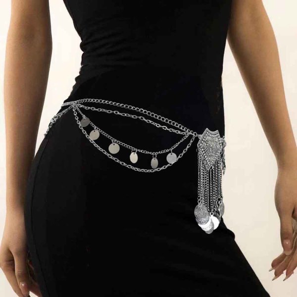 N-7595 Vintage Silver Metal Sequins Coin Tassel Women Belly Dance Dress Belt Waist Body Chain Party Jewelry