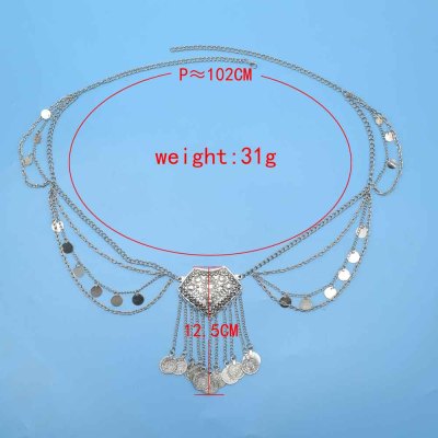 N-7595 Vintage Silver Metal Sequins Coin Tassel Women Belly Dance Dress Belt Waist Body Chain Party Jewelry