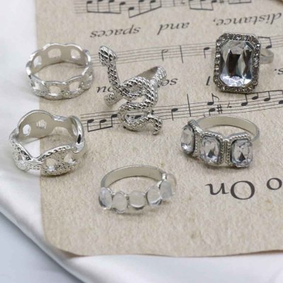 R-1550 6Pcs/set Vintage Silver Metal Snake Geometric Crystal Midi Finger Rings Sets for Women Boho Party Jewelry
