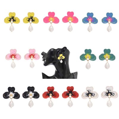 E-6254 8Colors Cute Drip Oil Pearl Flower Drop Earrings for Women Girl Wedding Party Jewelry Gift