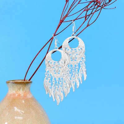 E-6255 Vintage Shining Silver Color Brincos Female Earrings Trendy Carving Tassel Earrings Ornaments Accessories