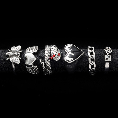 R-1554 New Creative Dark Series Snake-shaped Ring Set Ancient Silver 6-piece Set Ring For Women