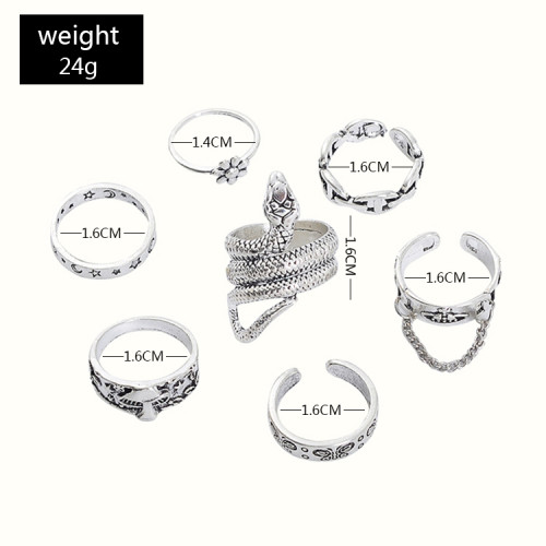 R-1554 New Creative Dark Series Snake-shaped Ring Set Ancient Silver 6-piece Set Ring For Women