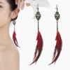 E-6150 Bohemian Stylish Girl Statement Gold Metal Tassel Rhinestone Beads Drop Dream Catcher Women Feather Earrings