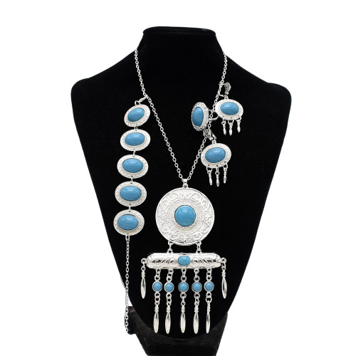 N-7607 Bohemian Vintage Blue Beaded Tassel Necklace Earring Set Ethnic Ornament Jewelry Set