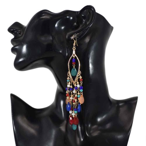 E-6041 Bohemian Beaded Tassel Dangle Earrings for Women Colorful Rhinestone Tassel Drop Earrings