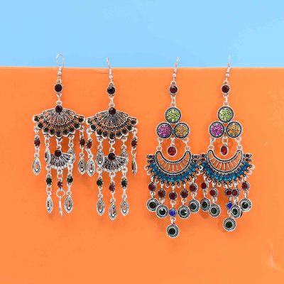 E-6280 Bohemian New Fashion Earring Vintage Tassel Crescent Hollow Shape Colorful Dangle Earring For Women