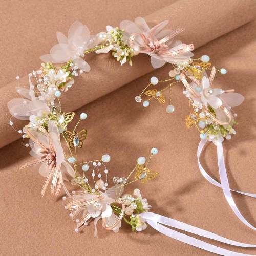 Flower Headband for Wedding Handmade Hair Floral Wreath Adjustable Butterfly Leaf Flower Headbands for Bridal Wedding