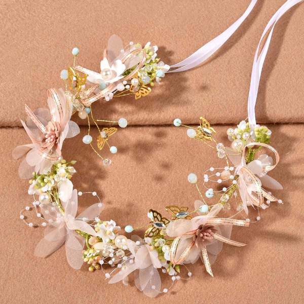 F-0928 Flower Headband for Wedding Handmade Hair Floral Wreath Adjustable Butterfly Leaf Flower Headbands for Bridal Wedding