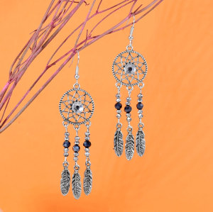 E-6287 Bohemian Hollow Dream Catcher Leaf Tassel Earrings For Women Indian Jewelry Blue Natural Stone Drop Dangle Earrings