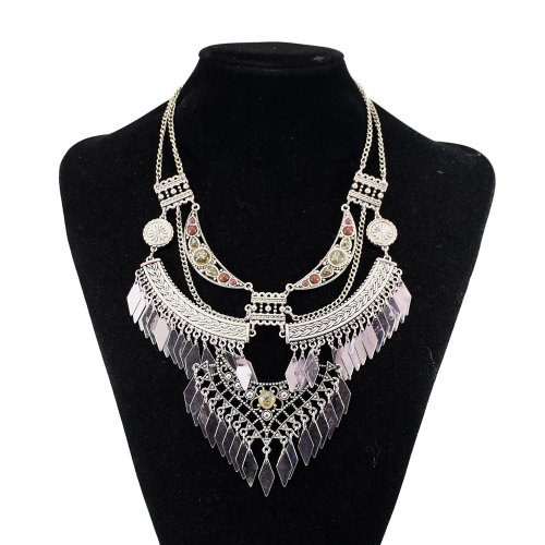 N-7611 Bohemian Gypsy Vintage Jewelry Colorful Artificial Acrylic StoneTassel Round Silver Vintage Statement Necklace
