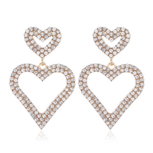E-6298 Rhinestone Heart Dangle Earrings Korean Style Sparkly Double Heart Pierced Earrings