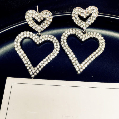 E-6298 Rhinestone Heart Dangle Earrings Korean Style Sparkly Double Heart Pierced Earrings