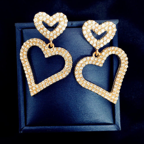E-6298 Rhinestone Heart Dangle Earrings Korean Style Sparkly Double Heart Pierced Earrings