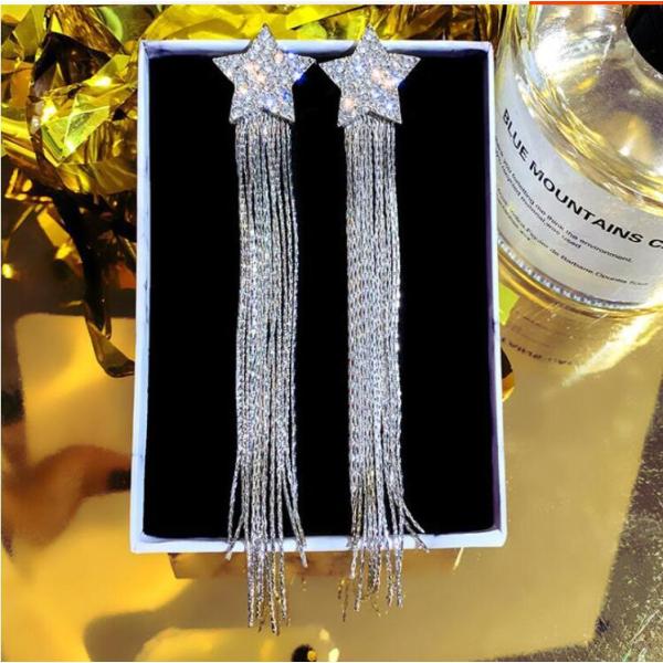 E-6297 Rhinestone Star Dangle Earrings Long Chain Tassel Drop Earrings