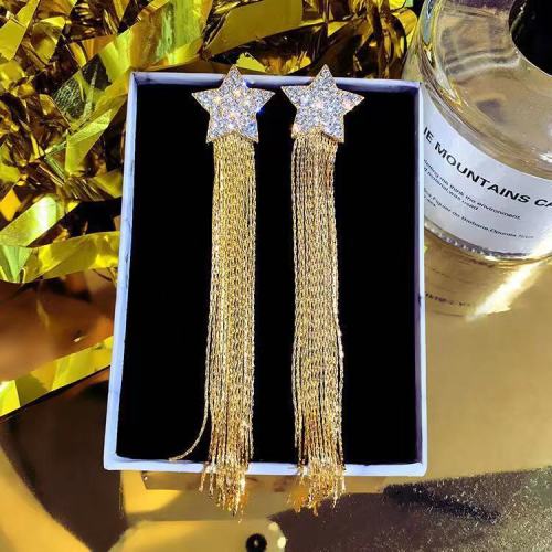 E-6297 Rhinestone Star Dangle Earrings Long Chain Tassel Drop Earrings