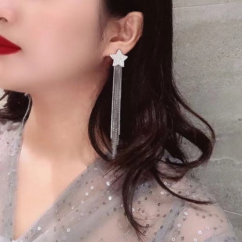 E-6297 Rhinestone Star Dangle Earrings Long Chain Tassel Drop Earrings