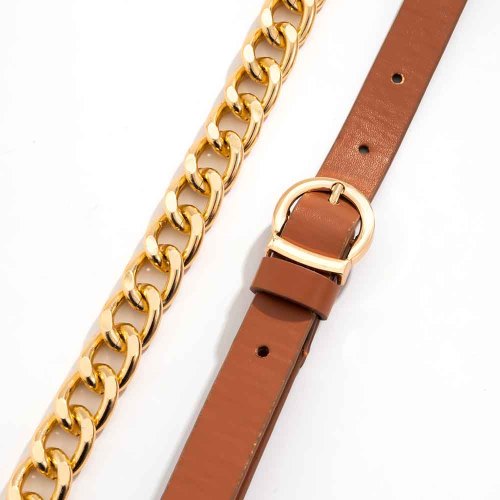 N-7619 Punk Hip-Hop Adjustable Jeans Brown PU Leather Belt Metal Belly Waist Chains Body Jewelry