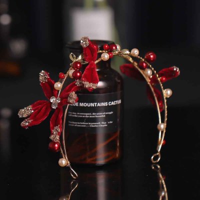 F-0923 Luxury Red Velvet Flower Pearl Crystal Crowns & Earrings Sets for Bridal Tiaras Wedding Engagement Jewelry Sets