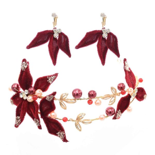 F-0923 Luxury Red Velvet Flower Pearl Crystal Crowns & Earrings Sets for Bridal Tiaras Wedding Engagement Jewelry Sets