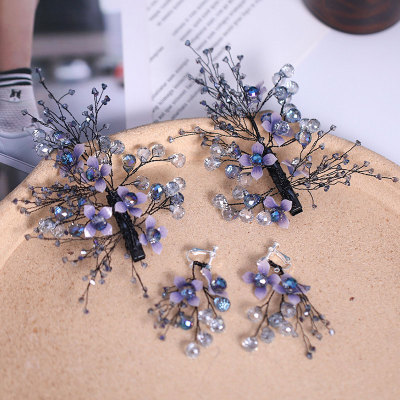 F-0924 Fashion Luxury Purple Flower Crystal Hairpin & Earrings Sets For Bridal Tiaras Wedding Engagement Jewelry Sets