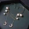 E-6311 Pair of Pearl rhinestone moon dangle ear cuff gold plated ear wraps