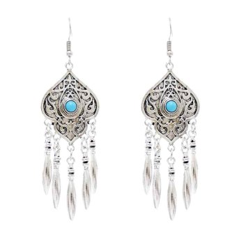 E-6316 Indian Vintage Silver Metal Blue Red Acrylic Long Tassel Earrings for Women Boho Ethnic Party Jewelry Gift