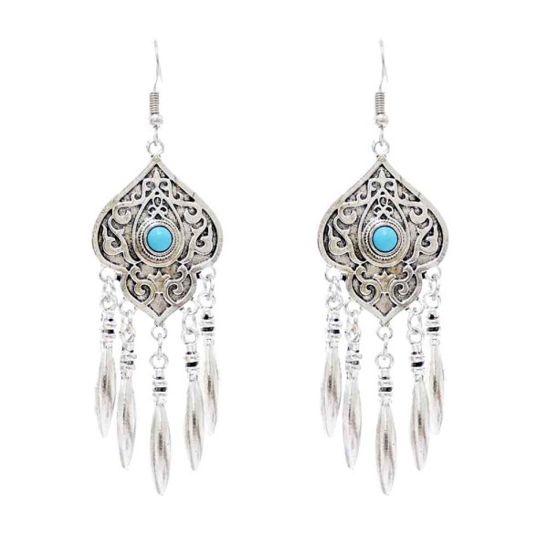 E-6316 Indian Vintage Silver Metal Blue Red Acrylic Long Tassel Earrings for Women Boho Ethnic Party Jewelry Gift
